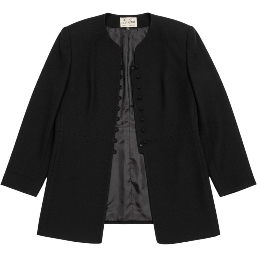 Le Suit Womens Black Collarless Button Front Longline Blazer Jacket Size 18
